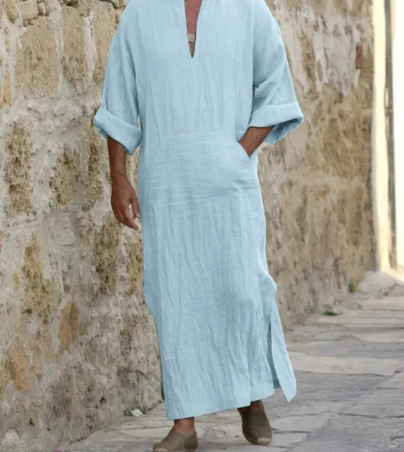 2026 New Muslim Robe Solid Color Retro Arab Islamic Clothing Men Dress Casual Cotton Linen Long Kaftan Middle East Caftan Abayas