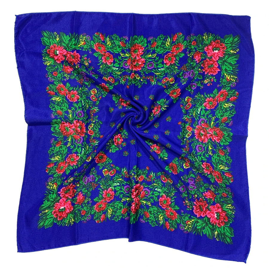 Babushka Bloom – 70cm Retro Floral Square Headscarf for Women