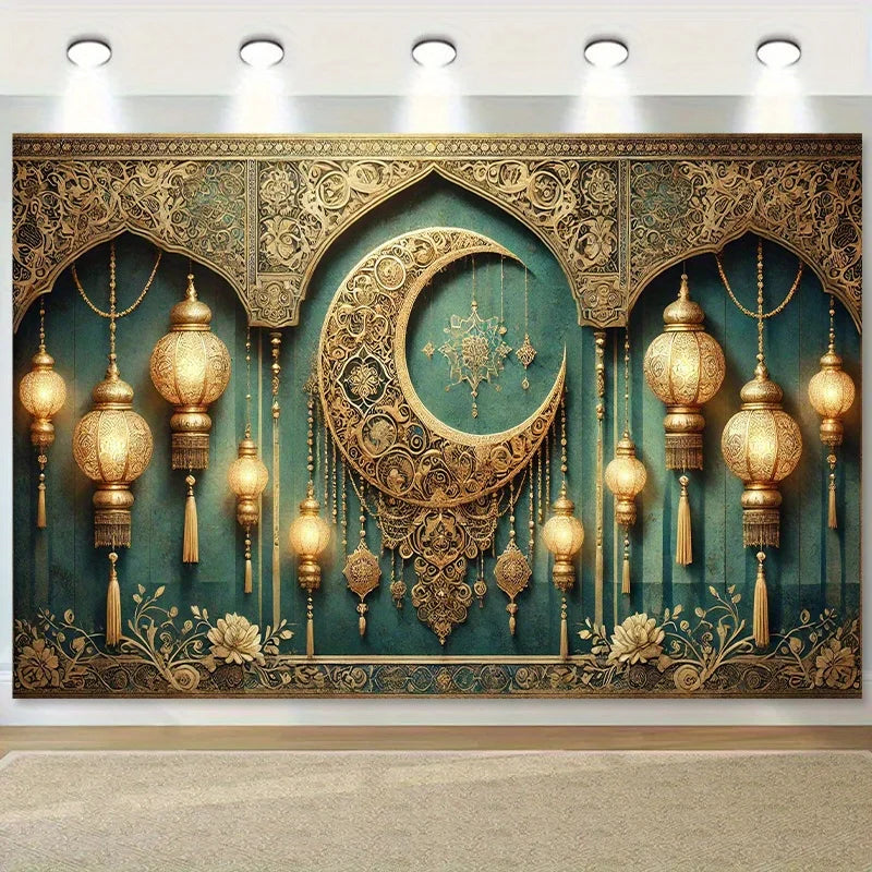 1 Elegant New Moon and Lantern Eid Mubarak Background - Luxurious Ramadan Party Banner