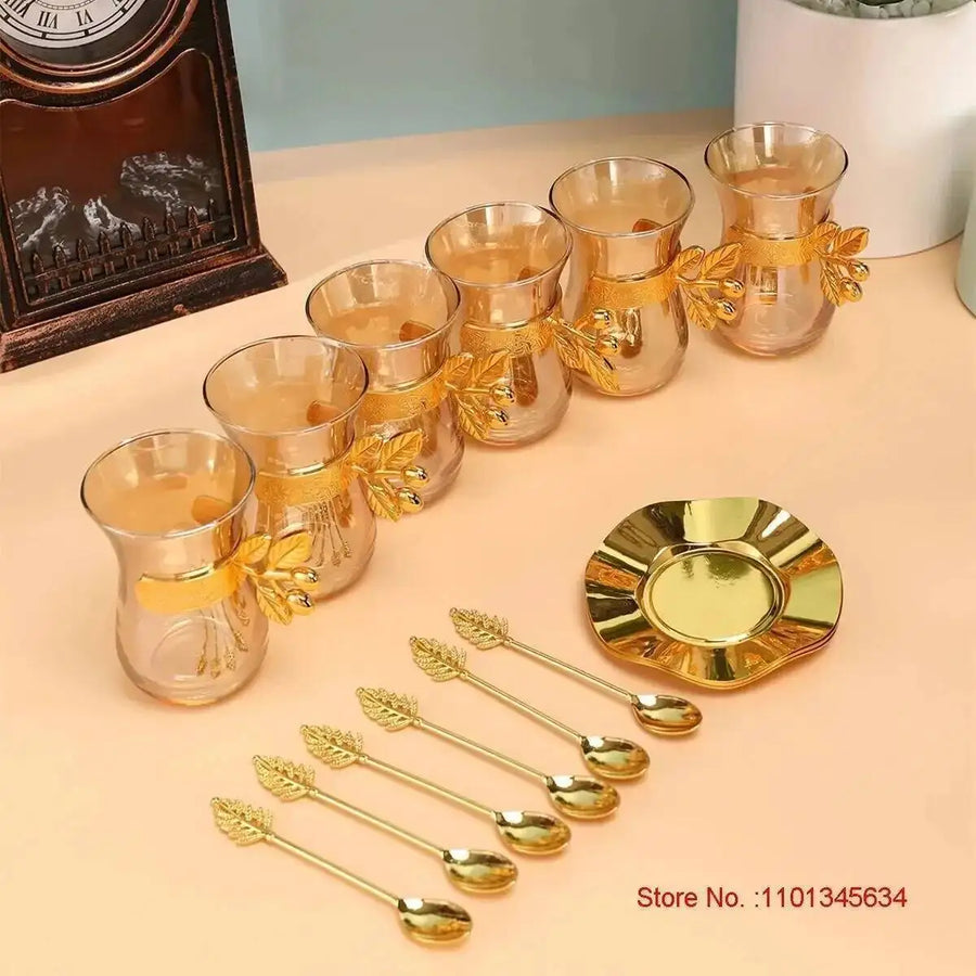 Luxury Gold Turkish Coffee Set – Cups, Saucers & Teaspoons, Black Tea Glass Collection
