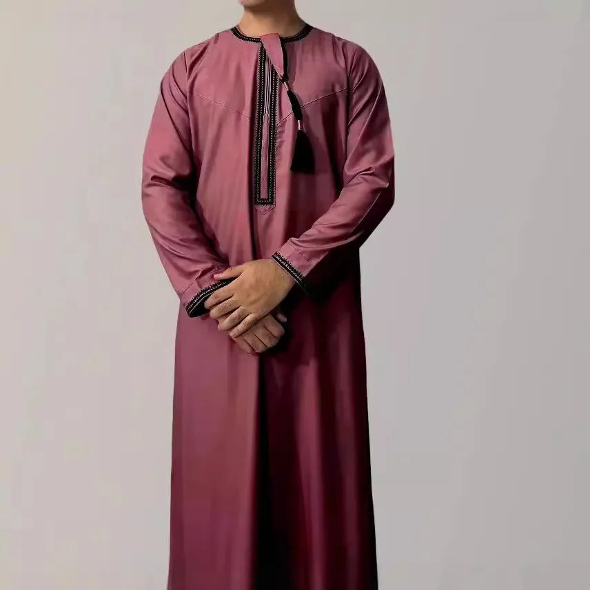 Eid Ramadan Muslim Men Long Robe Round Neck Embroidered Oman Dubai Arabian Saudi Male Jubba Thobe Adults Abayas Islamic Kamis