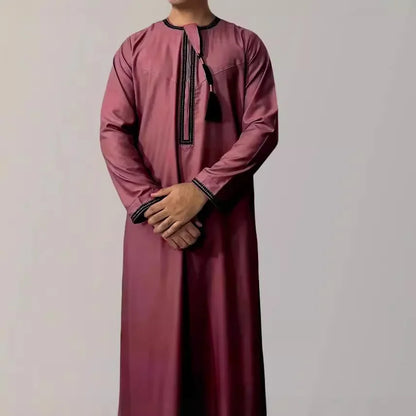 Eid Ramadan Muslim Men Long Robe Round Neck Embroidered Oman Dubai Arabian Saudi Male Jubba Thobe Adults Abayas Islamic Kamis