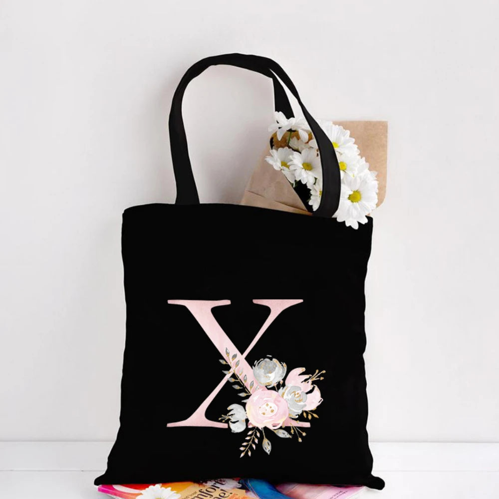 Her Letter, Her Bloom – Personalized Floral Initial Canvas Tote