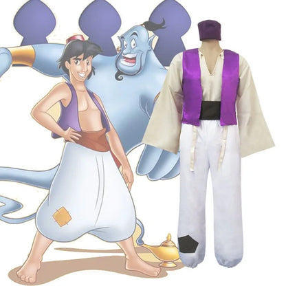Disney Aladdin Prince Cosplay Costume Full Set with Hat for Men Arabian Outfit for Halloween Carnival Party Role Play
