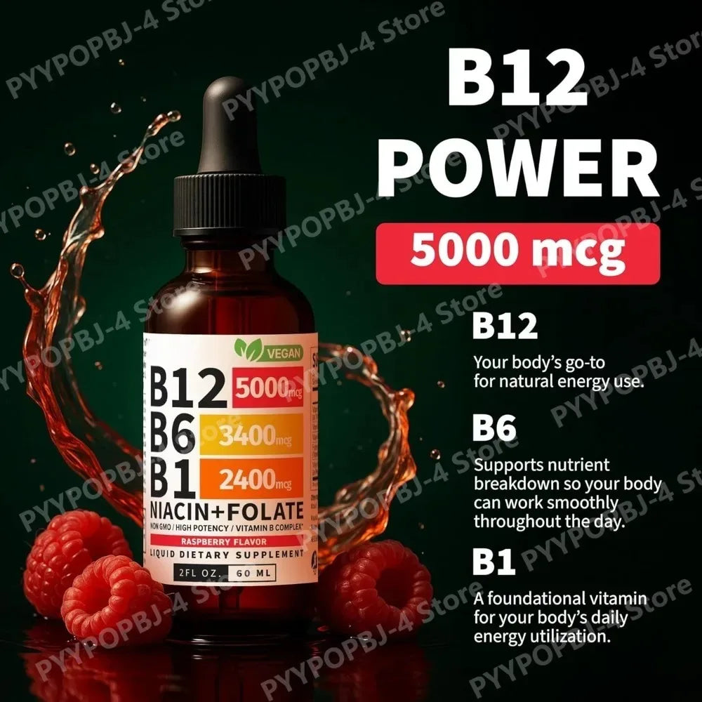 Vitamin B12 and B6 Liquid Drops, B12 Sublingual Vitamin B Complex for Energy Brain and Heart Support with 27,200 mcg Raspberry
