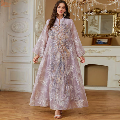 Zahraa Dubai Sequins Luxury Woman Evening Dress Mesh Embroidered Abaya V-Neck Caftan Marocain Femme 2026