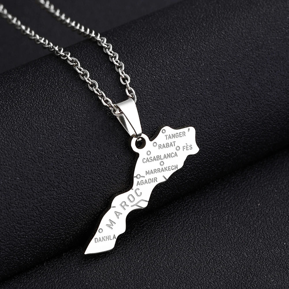 Morocco Map & Cities Pendant – Stainless Steel Necklace, Gold & Silver Color