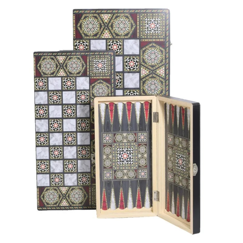 Luxury Knight Wooden 3-in-1 Chess Backgammon Foldable Intellectual Entertainment Game Portable Board Multiple Modes