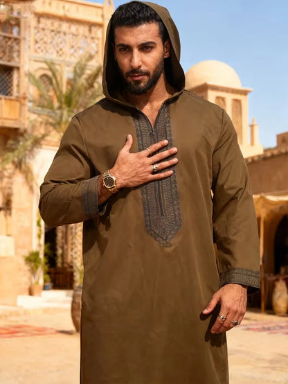 Long Robe Men Jubba Thobe Gown Embroidery Abayas Hooded Middle East Muslim Solid Modest Morocco Dubai Spliced Spring Casuak