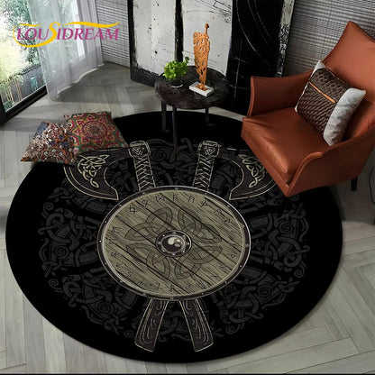 Viking Valknut Yggdrasil Tree of Life Round Area Rug,Carpet Rug for Living Room Bedroom Sofa Playroom Decor,Non-slip Floor Mat
