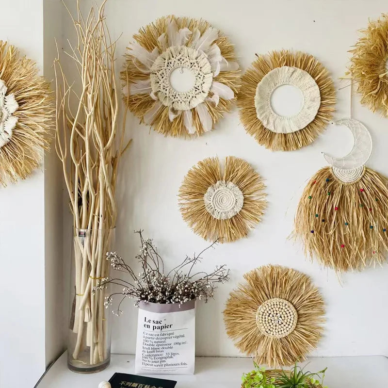 Raffia Woven Wall Hanging, Japanese Moroccan Style Grass Decor for Hotel B&B, Wooden Frame Wall Art