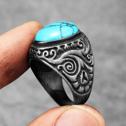 Vintage Black Turquoise Carved Men Rings Stainless Steel Punk Rock Luxury Fashion Jewelry Accessories For Women Gift Wholesale