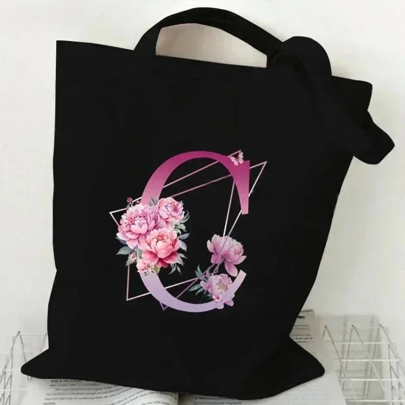Noir Florale – Black Purple Alphabet Canvas Shoulder Tote