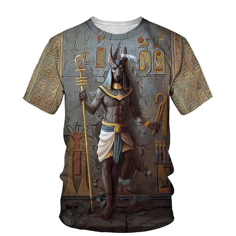 Golden Pharaoh & Anubis T-Shirt – Men's Egyptian Print O-Neck Short Sleeve Tee