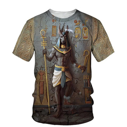 Golden Pharaoh & Anubis T-Shirt – Men's Egyptian Print O-Neck Short Sleeve Tee