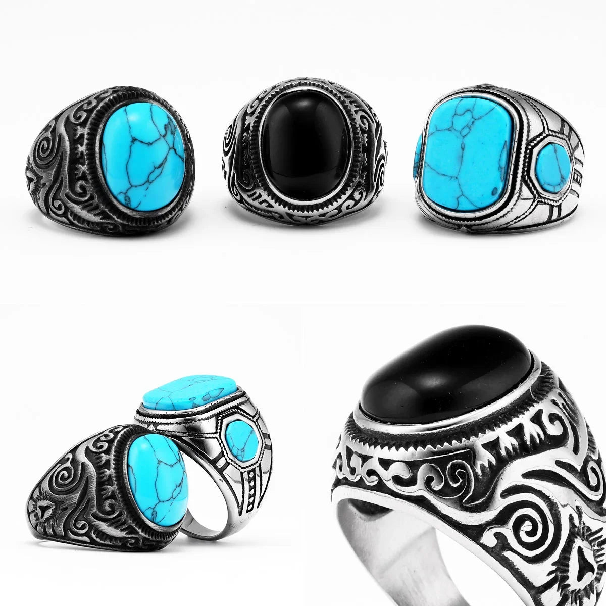 Vintage Black Turquoise Carved Men Rings Stainless Steel Punk Rock Luxury Fashion Jewelry Accessories For Women Gift Wholesale