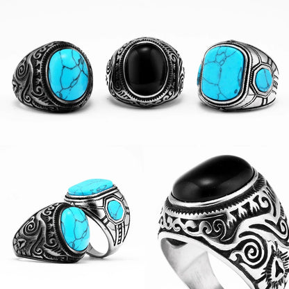 Vintage Black Turquoise Carved Men Rings Stainless Steel Punk Rock Luxury Fashion Jewelry Accessories For Women Gift Wholesale