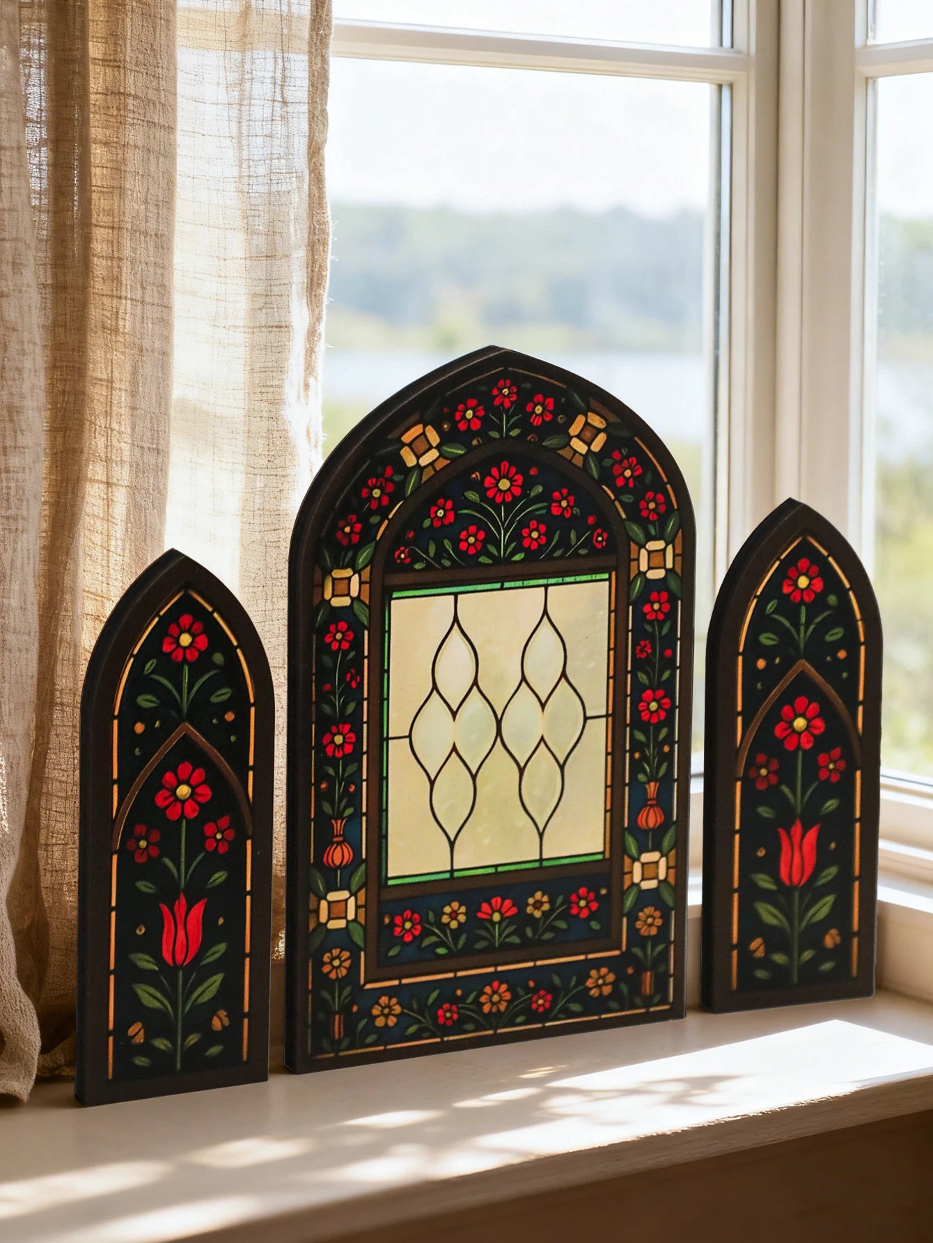 3Pcs/Set Islamic Geometric Arch Decor Golden & Floral Acrylic Table Ornaments Wooden Festive Home Decor for Ramadan & Eid Gifts