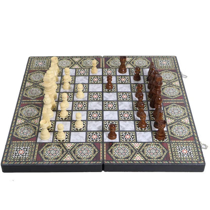 Luxury Knight Wooden 3-in-1 Chess Backgammon Foldable Intellectual Entertainment Game Portable Board Multiple Modes