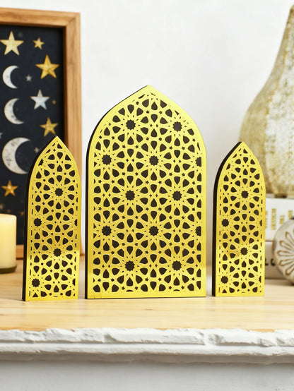 3Pcs/Set Islamic Geometric Arch Decor Golden & Floral Acrylic Table Ornaments Wooden Festive Home Decor for Ramadan & Eid Gifts
