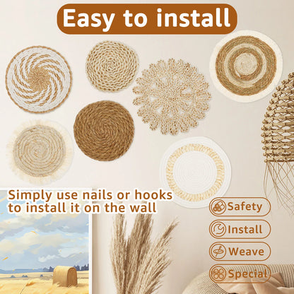 5/7Pcs Hanging Wall Basket Decor Boho Home Decorations Rattan Wall Decor Woven Rattan Seagrass Wall Decor Art Wall Hanging