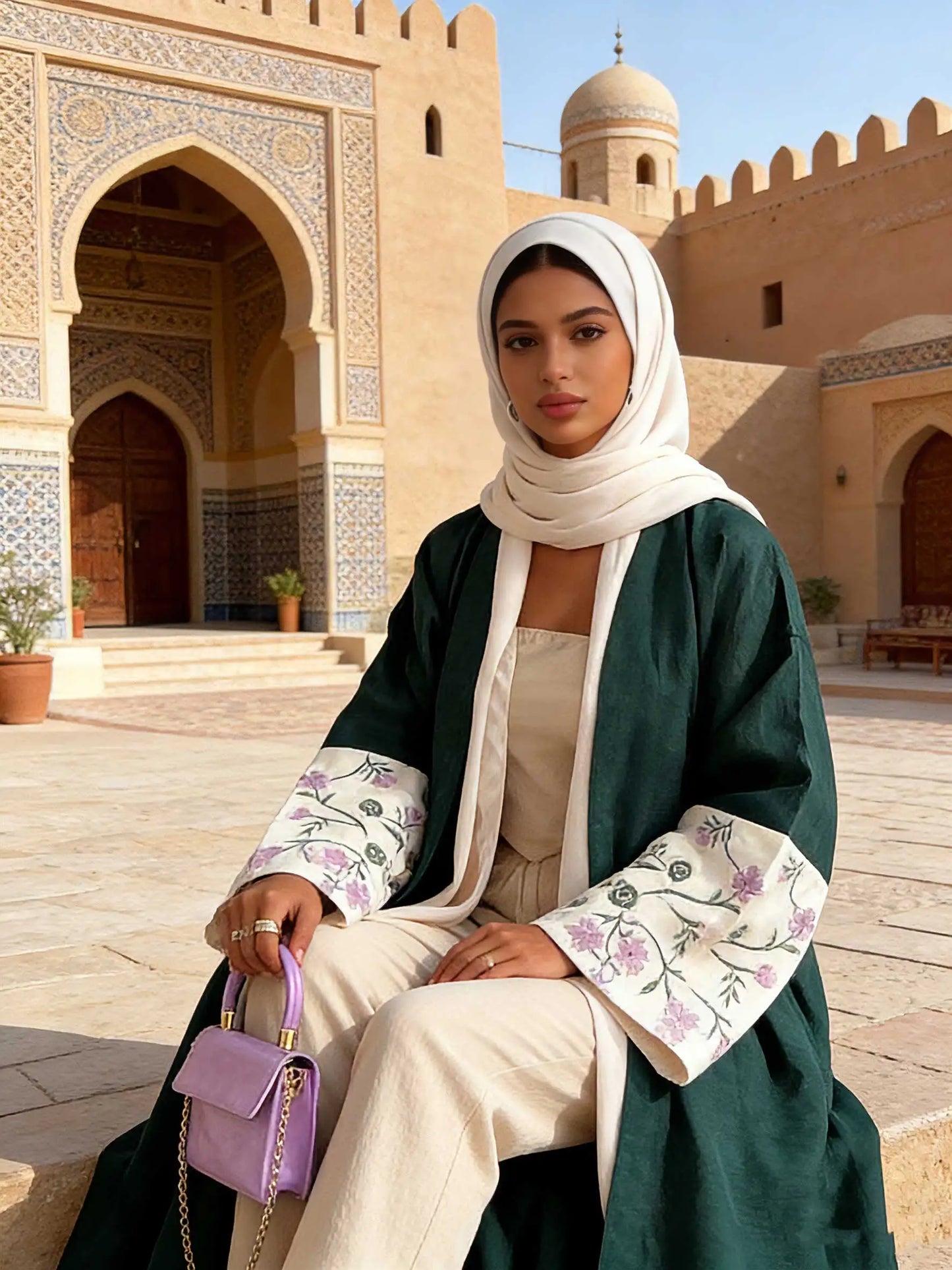 Chic Forest Green Open-Front Abaya Floral Embroidered Cuffs Set Women Muslim Moroccan Kaftan Ramadan Islam Dubai Arabic Robes