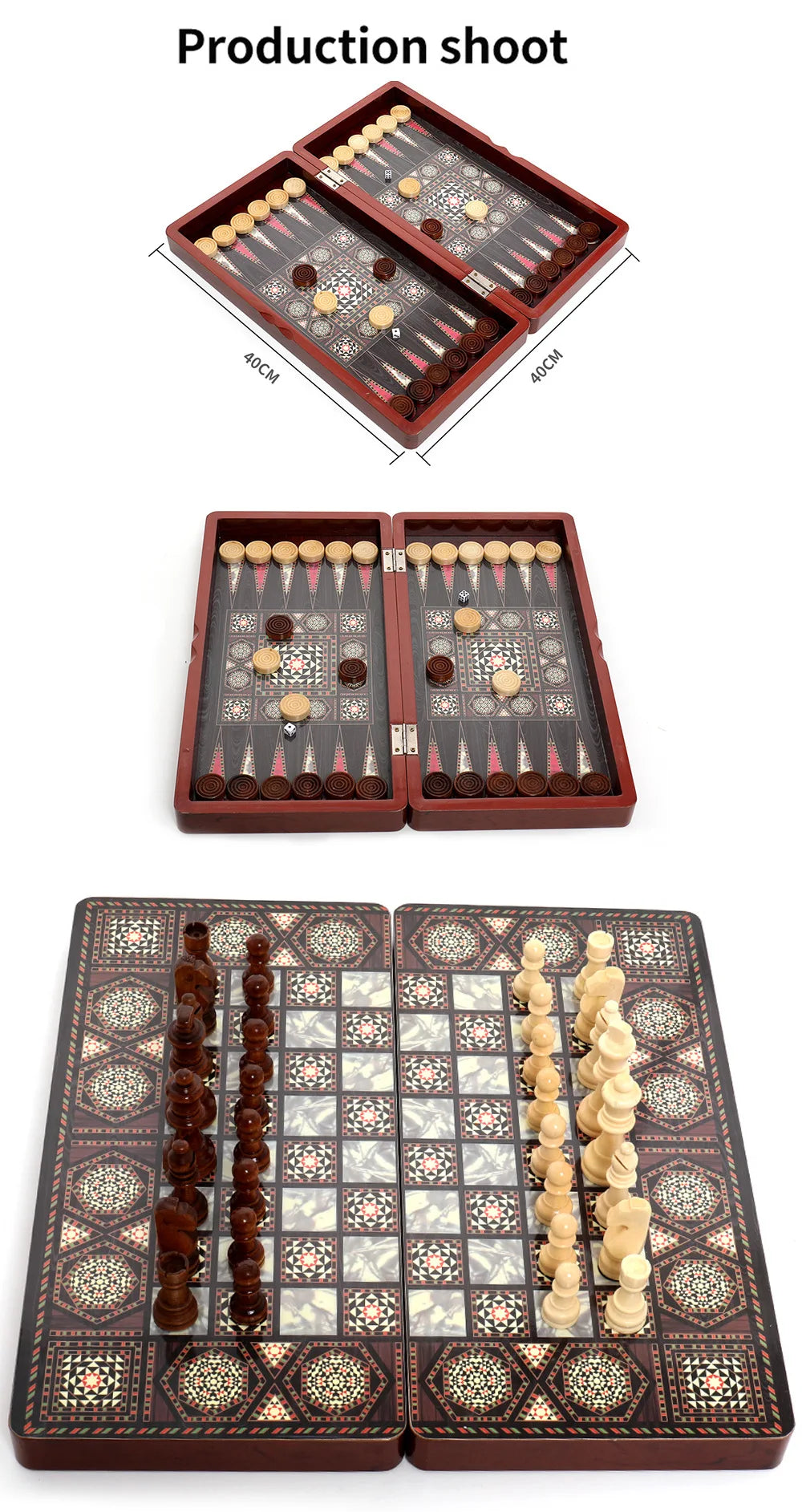 40cm Large 3-in-1 Wooden Chess & Checkers & Backgammon Set, Foldable Board for Family Travel