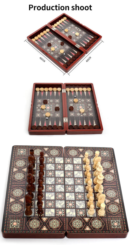 40cm Large 3-in-1 Wooden Chess & Checkers & Backgammon Set, Foldable Board for Family Travel