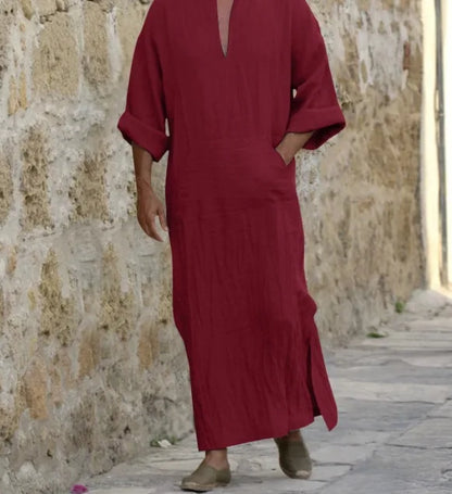 2026 New Muslim Robe Solid Color Retro Arab Islamic Clothing Men Dress Casual Cotton Linen Long Kaftan Middle East Caftan Abayas