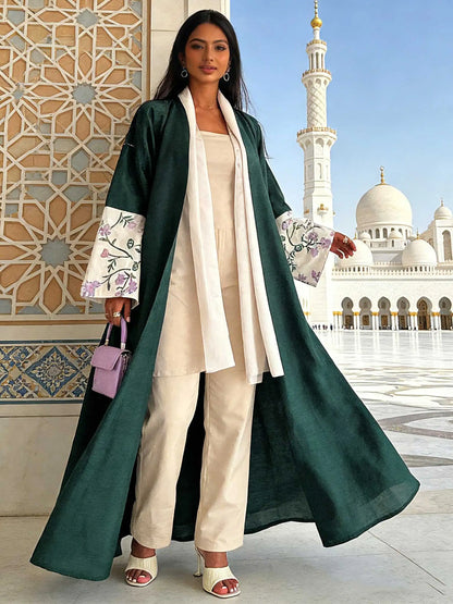 Chic Forest Green Open-Front Abaya Floral Embroidered Cuffs Set Women Muslim Moroccan Kaftan Ramadan Islam Dubai Arabic Robes
