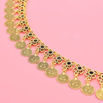 Vintage Coin Tassel Waist Chains For Women Black Crystal Bohemian Ethnic Charms Belly Jewelry India Gypsy Turkey Accessory Gift