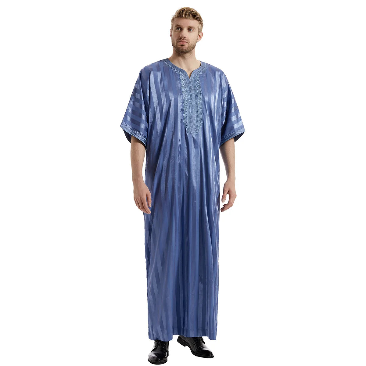 Middle Eastern Muslim Men's Striped Middle Sleeve Embroidered Robe Half Sleeve Arabic Costume Traditional Men's Robe