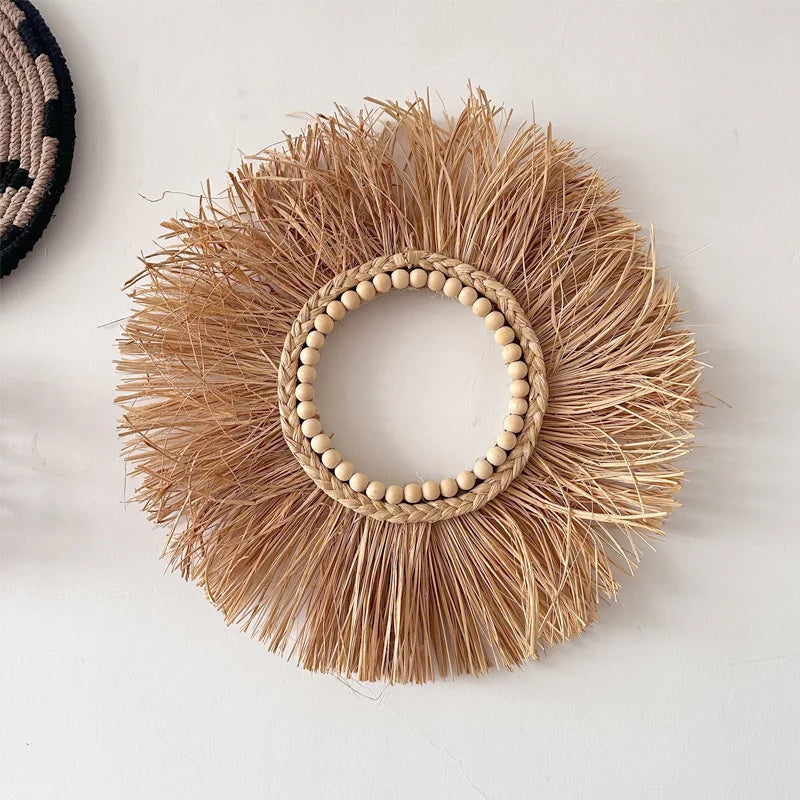 Raffia Woven Wall Hanging, Japanese Moroccan Style Grass Decor for Hotel B&B, Wooden Frame Wall Art