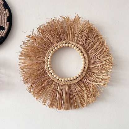 Raffia Woven Wall Hanging, Japanese Moroccan Style Grass Decor for Hotel B&B, Wooden Frame Wall Art