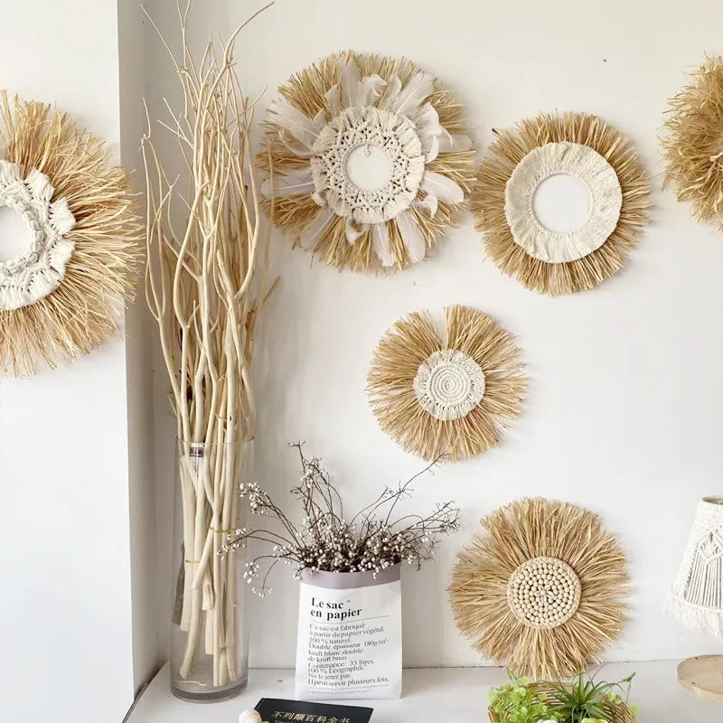 Raffia Woven Wall Hanging, Japanese Moroccan Style Grass Decor for Hotel B&B, Wooden Frame Wall Art
