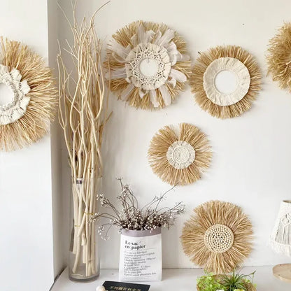 Raffia Woven Wall Hanging, Japanese Moroccan Style Grass Decor for Hotel B&B, Wooden Frame Wall Art