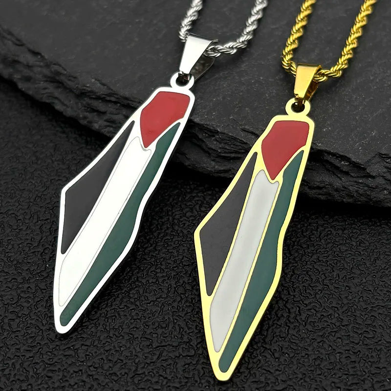 Arabic Islamic Palestine Map Flag Pendant Necklace for Women Men Stainless Steel Gold Color Palestinians Country Chain Jewelry