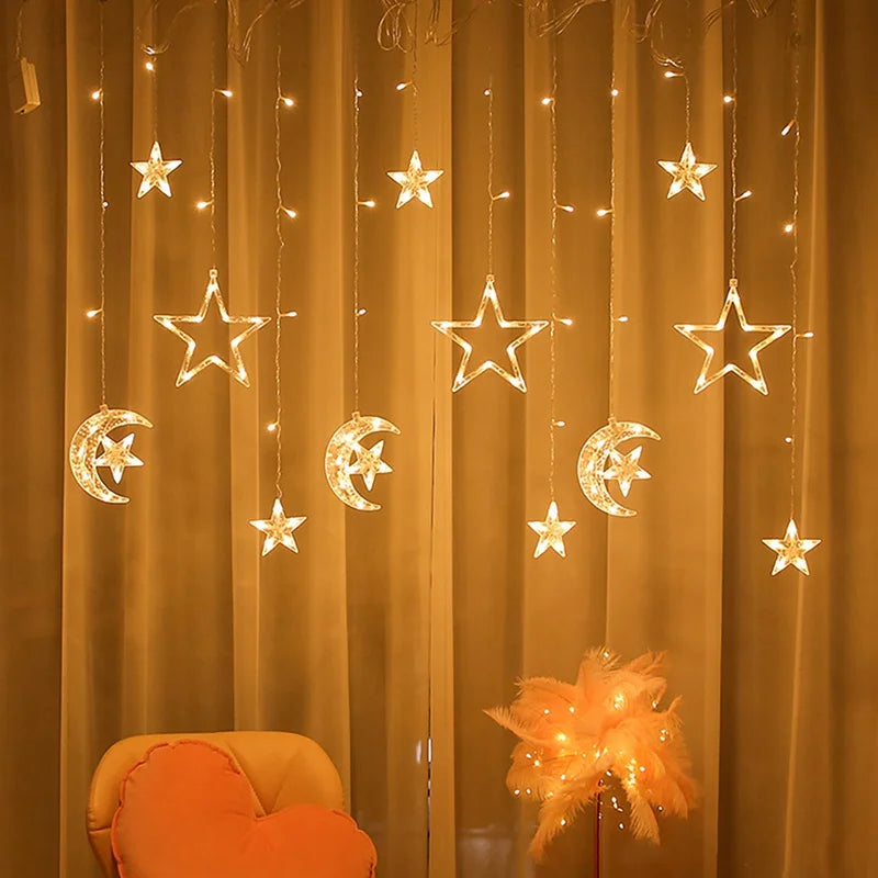 Moon Star Led Curtain Garland String Light EID Mubarak Ramadan Decorations 2025 Home Decor Islam Muslim Event Party Supplies