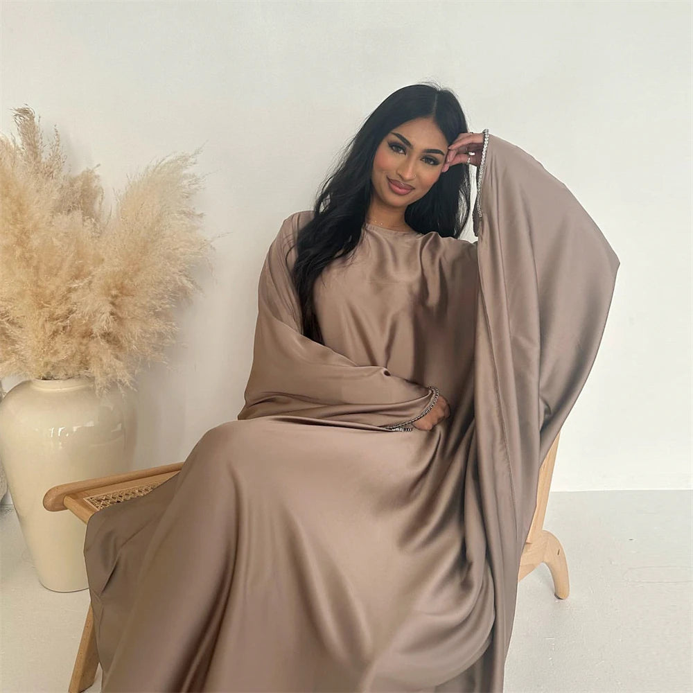 Eid Muslim Kaftan Satin Batwing Abaya Dubai Luxury Arabic African Dresses Abayas For Women Caftan Marocain Robe Femme Musulmane