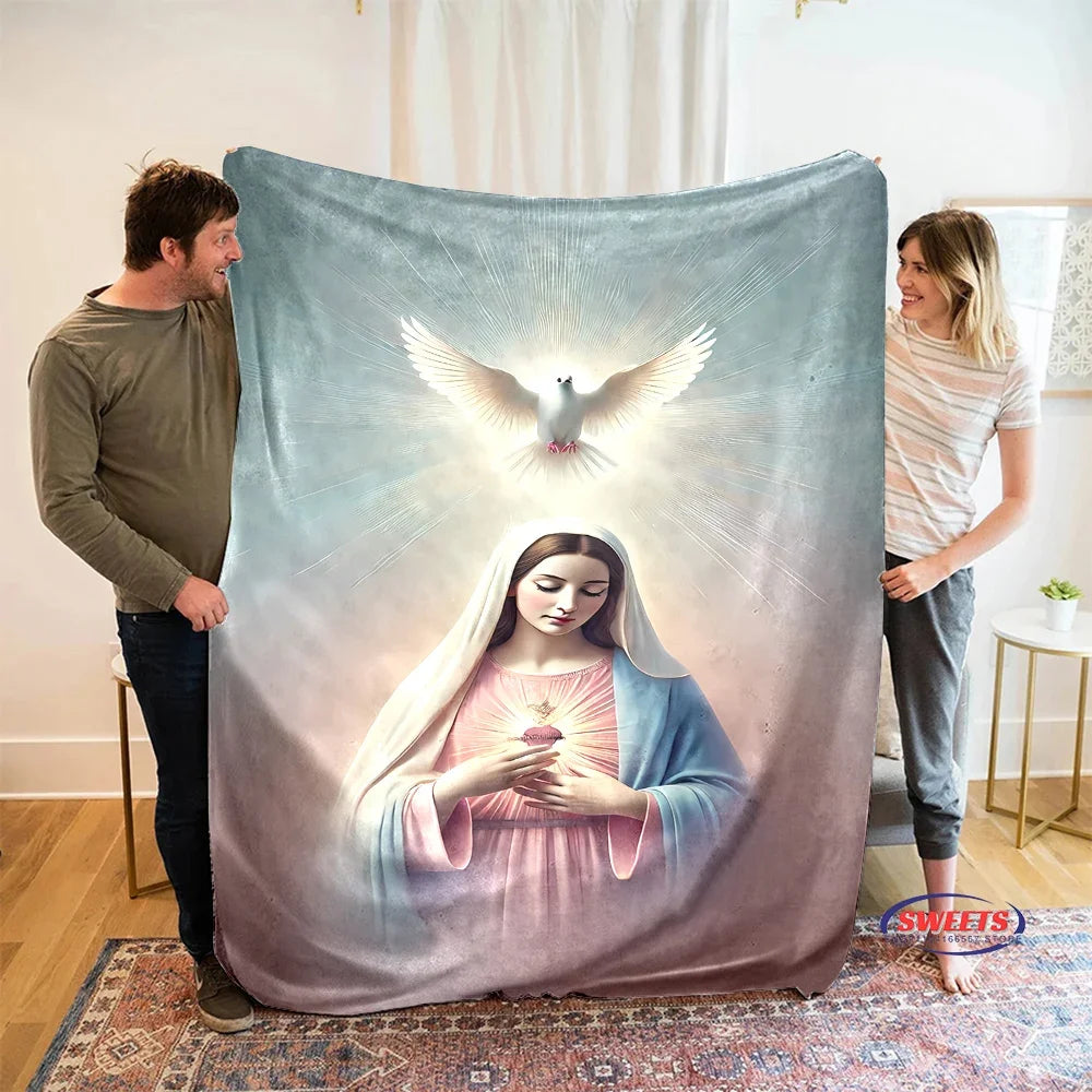 6 Size Merciful Virgin Mary Flannel Art Blanket, Home Sofa Office Nap Blanket for Four Seasons, Machine Washable Flannel Blanket