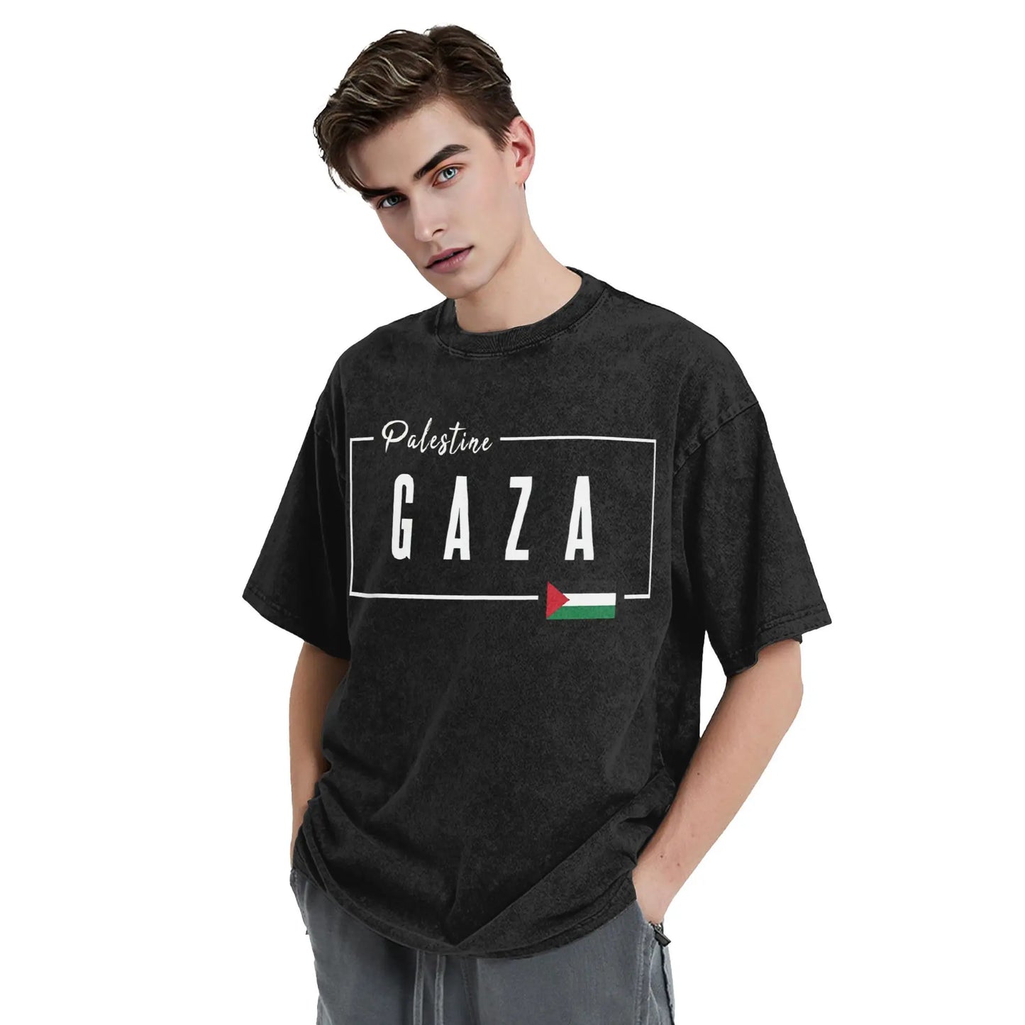 Funny Gaza Palestine Flag T-Shirt Men Round Neck Cotton Washed T Shirt  Short Sleeve Tees Party Clothing