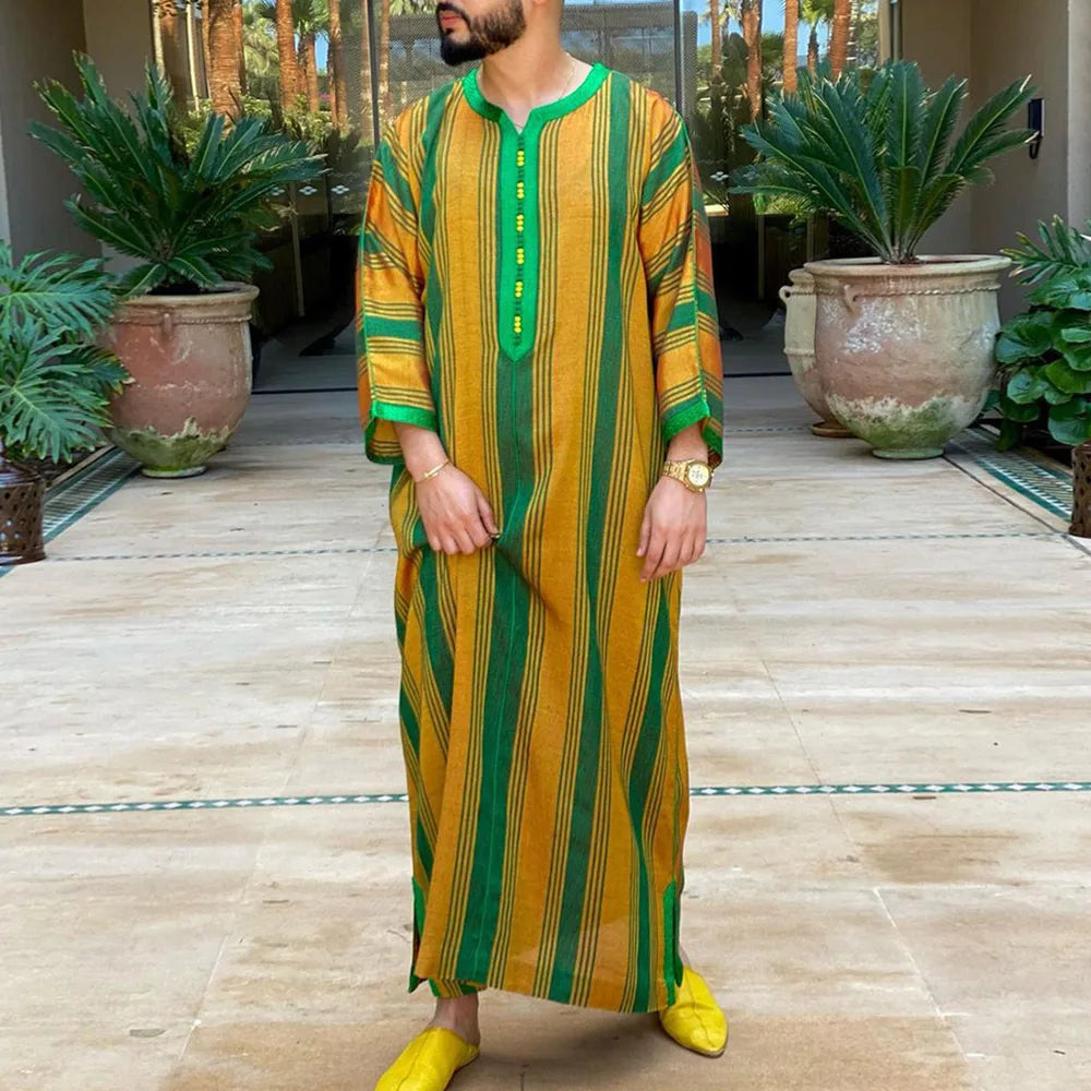 New Muslim Jubba Thobe Clothes Men Hoodie Ramadan Spring Autumn Abaya Dubai Turkey Islamic Clothing Male Casual Loose Red Stripe
