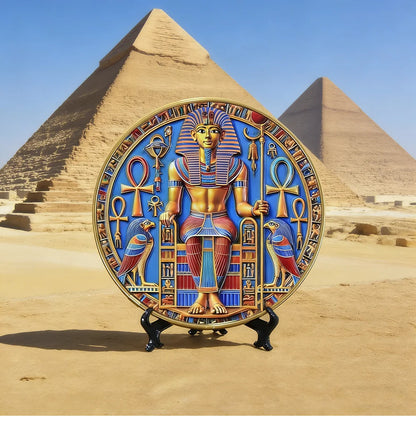 Pharaoh Circular Relief Plaque – 20cm Egyptian Pyramid Resin Desktop Decor