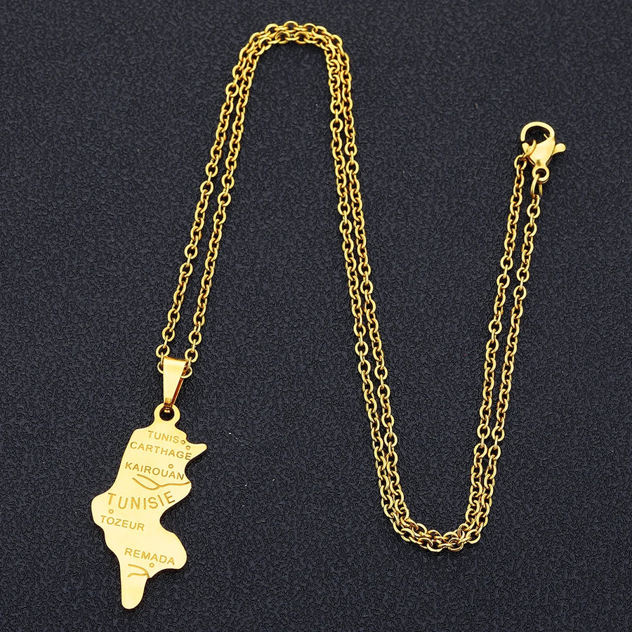 Tunisia Map & Flag Pendant – Stainless Steel Necklace, Gold & Silver Tone
