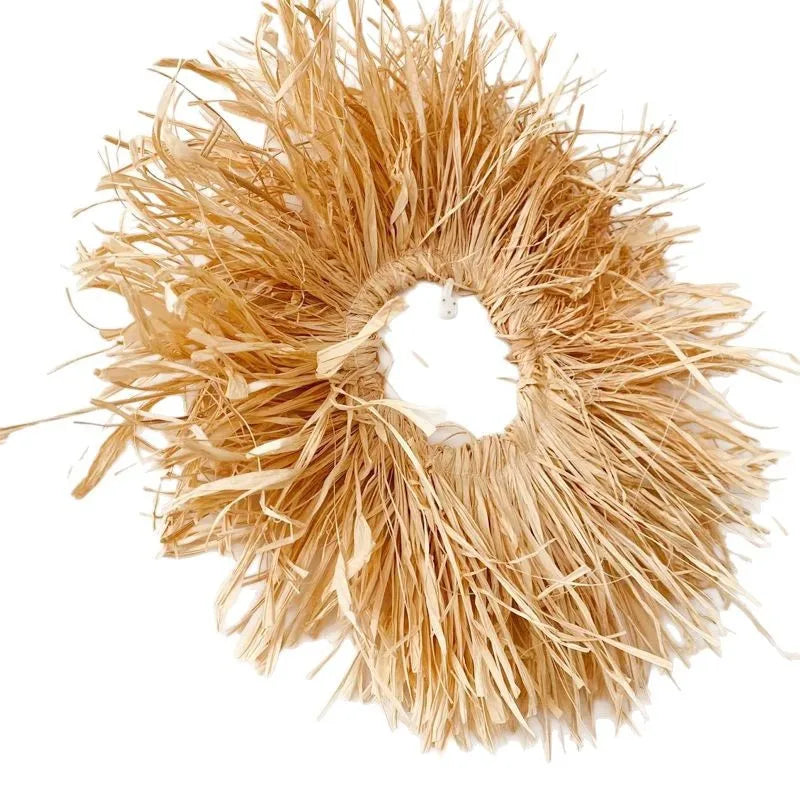 Raffia Woven Wall Hanging, Japanese Moroccan Style Grass Decor for Hotel B&B, Wooden Frame Wall Art