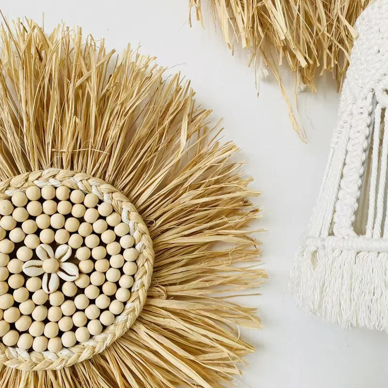 Raffia Woven Wall Hanging, Japanese Moroccan Style Grass Decor for Hotel B&B, Wooden Frame Wall Art