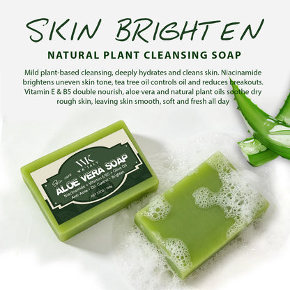 WK Natural Aloe Vera Soap, Clean Skin, Anti Acne, Oil Control, Brighten, With Niacinamide, Vitamin E, Olive Oil, For Face, Body