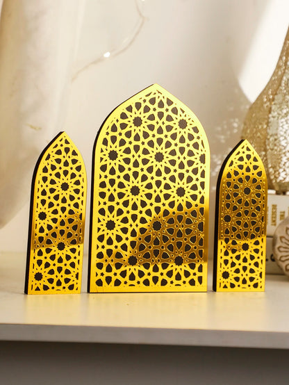 3Pcs/Set Islamic Geometric Arch Decor Golden & Floral Acrylic Table Ornaments Wooden Festive Home Decor for Ramadan & Eid Gifts
