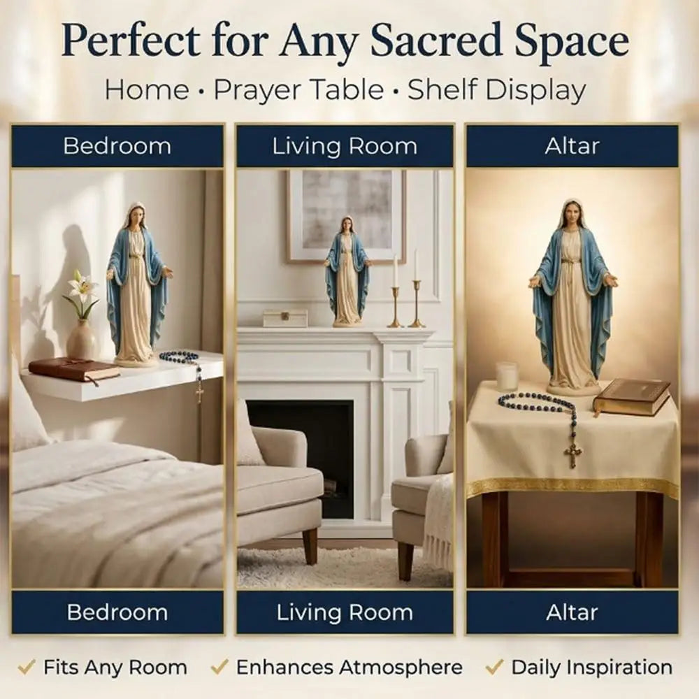 Mary Statue 12cm Open Arms Religious Figurine Resin Mary Desk Ornament for Home Living Room Bedroom Bathroom Desktop Bookshelf