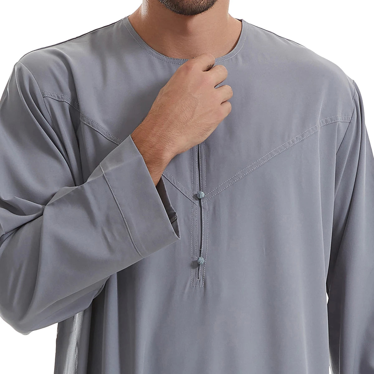 TH839 Men's Muslim Middle Eastern Men Long Sleeves Pure Color Buckle Robe Ramadan Eid Jubba Thobe